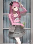  1girl absurdres bag black_bow bottle bow breasts commentary_request grey_bag grey_skirt hair_bow handbag highres hinamizawa_hinami_(tetto) holding holding_bottle long_hair looking_at_viewer nail_polish original pantyhose pink_eyes pink_hair pink_nails pink_shirt shirt shirt_bow signature skirt small_breasts solo tetto_(onnoveltet) twintails v white_pantyhose 