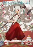 1girl blush bouhuman calligraphy_brush chinese_zodiac closed_mouth enkichan_(bouhuman) food fruit full_body giant_brush glasses hair_between_eyes hair_ribbon hakama hakama_skirt highres holding holding_paintbrush horns japanese_clothes kagami_mochi kimono looking_at_viewer looking_back mandarin_orange miko new_year original oversized_object paintbrush ponytail red_eyes red_hakama ribbon round_eyewear short_twintails skirt socks solo standing tabi tasuki twintails wagashi white_hair white_kimono white_socks 