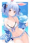  1girl absurdres animal_ears bare_shoulders bikini blue_hair blue_jacket blue_sky breasts carrot_hair_ornament cleavage cloud commentary_request day extra_ears food-themed_hair_ornament frilled_bikini frills front-tie_bikini_top front-tie_top hair_ornament hair_ribbon halterneck highres hololive jacket looking_at_viewer multicolored_hair navel ocean off_shoulder open_mouth orange_eyes outdoors rabbit-shaped_pupils rabbit_ears rabbit_girl ribbon short_eyebrows short_hair sky small_breasts solo stomach streaked_hair striped_clothes striped_jacket swimsuit symbol-shaped_pupils thick_eyebrows toketa-sekai twintails usada_pekora virtual_youtuber white_bikini white_streaks 