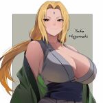  1girl artist_name black_sash blonde_hair breasts brown_eyes cleavage collarbone facial_mark forehead_mark green_haori haori highres japanese_clothes kimono large_breasts long_hair mature_female naruto_(series) sash sato_hagamaki tsunade_(naruto) 