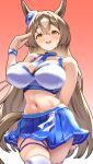  1girl animal_ears bare_shoulders blue_choker blue_necktie blue_skirt blush boots breasts brown_eyes brown_hair choker cleavage commentary_request crop_top dixie_cup_hat ears_through_headwear hair_between_eyes hat highres horse_ears horse_girl horse_tail large_breasts long_hair midriff military_hat multicolored_hair navel necktie open_mouth p1_fcoyaa pacific_racing_team race_queen satono_diamond_(umamusume) skirt smile solo sports_bra streaked_hair tail thigh_boots umamusume very_long_hair white_sports_bra wristband 