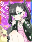  1girl asymmetrical_bangs black_choker black_hair black_jacket black_nails character_name choker dated dress earrings eyelashes fingersmile flying_sweatdrops green_eyes hair_ribbon jacket jewelry long_sleeves marnie_(pokemon) morpeko morpeko_(full) pink_dress pink_ribbon pokemon pokemon_(creature) pokemon_sword_and_shield ribbon runachikku sparkle squatting twintails 