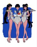  3girls apron black_hair blue_background blue_one-piece_swimsuit border bow commentary_request dithering double_bun food full_body hair_bow hair_bun high_heels highres hiroko_hiyokogm holding holding_tray kuonji_ukyou long_hair looking_at_viewer multiple_girls one-piece_swimsuit plate purple_one-piece_swimsuit ranma_1/2 sandals shampoo_(ranma_1/2) shaved_ice short_hair sidelocks simple_background swimsuit tendou_akane tray waitress white_border 