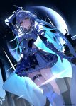  1girl absurdres antenna_hair armor armored_boots armored_dress blunt_bangs boots breasts cape copyright_name dress dutch_angle ear_piercing earrings frilled_dress frills ginjo_saine grey_hair hair_bun highres holding holding_sword holding_weapon jewelry layered_dress long_hair looking_at_viewer mole mole_under_eye moon official_art panda_0035 piercing single_side_bun sky small_breasts solo sparkle standing star_(sky) starry_sky sword thigh_strap virtual_youtuber vspo! weapon xross_stars yellow_eyes 