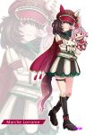  1girl absurdres animal_ears black_boots black_socks blush boots bow breasts brown_hair cape character_name closed_mouth ear_covers ears_through_headwear green_bow hair_between_eyes hand_puppet hat highres horse_ears horse_girl jacket kneehighs konsu_(konsu1182da) long_sleeves looking_at_viewer marche_lorraine's_puppet marche_lorraine_(racing)_(umamusume) marche_lorraine_(umamusume) mismatched_ear_covers multicolored_hair puppet purple_eyes red_cape short_hair simple_background skirt smile socks streaked_hair thigh_strap umamusume white_jacket white_streaks zoom_layer 