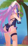  1girl absurdres animal_ears ass back black_one-piece_swimsuit blue_sky c2215721819 chinese_commentary coconut_tree commentary_request day from_behind gun highres holding holding_gun holding_weapon long_hair looking_at_viewer looking_back one-piece_swimsuit outdoors palm_tree purple_hair rabbit_ears rabbit_girl rabbit_tail red_eyes reisen_udongein_inaba rifle sky solo swimsuit tail thigh_strap thighs touhou tree very_long_hair weapon 