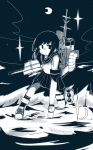  1girl commentary_request crescent fubuki_(kancolle) greyscale hand_on_floor highres holding holding_turret kantai_collection looking_at_viewer low_ponytail ma_rukan monochrome parted_lips pleated_skirt ponytail ribbon sailor_collar ship_turret shirt short_hair short_sleeves sidelocks skirt solo v-shaped_eyebrows 
