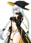  1girl absurdres aesc_(exhibition_attire)_(fate) aesc_(fate) aesc_(fate)_(cosplay) aesc_(rain_witch)_(fate) ahoge belt bikini black_bikini black_bow black_coat black_gloves black_hat blue_eyes blue_notuki blush boots bow braid breasts cleavage coat commentary_request cosplay fate/grand_order fate_(series) glasses gloves grey_hair hair_bow hat highres knee_boots large_breasts long_hair long_sleeves looking_at_viewer low_twin_braids micro_shorts morgan_le_fay_(fate) navel open_clothes shorts sidelocks swimsuit thighs twin_braids very_long_hair white_boots white_shorts witch_hat 