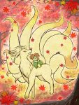  autumn autumn_leaves bellossom black_eyes closed_mouth commentary_request full_body holding holding_leaf leaf maple_leaf ninetales no_humans open_mouth orange_eyes pokemon pokemon_(creature) runachikku tree 