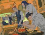  1girl 4boys asirpa black_hair black_vest bowl cake carrying christmas_tree clock commentary_request contemporary decorating_baked_goods earrings food golden_kamuy grey_hair grin hand_on_own_neck hat hoop_earrings indoors jewelry korean_commentary long_hair luke_skyfaller multiple_boys ogata_hyakunosuke paper pastry_bag piggyback santa_hat scar scar_on_face shiraishi_yoshitake shirt smile sugimoto_saichi vasily_(golden_kamuy) vest white_shirt 