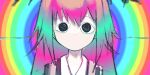  1girl @_@ absurdres black_eyes commentary cookie_(touhou) highres koakuma long_hair looking_at_viewer no_mouth pink_hair portrait psychedelic rainbow_background solo sun_kajitsu touhou untranslatable_commentary yuzuyu_(cookie) 
