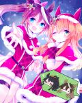  4girls animal_ears bandaid bandaid_on_face bandaid_on_nose black_hair blue_eyes blush bow breasts brown_hair capelet christmas closed_mouth commentary_request dress earrings fur-trimmed_dress fur-trimmed_headwear fur_trim hair_between_eyes hair_bow hat highres holding_hands horse_ears horse_girl horse_tail jewelry long_hair looking_at_viewer mayano_top_gun_(party_formation)_(umamusume) mayano_top_gun_(umamusume) multicolored_hair multiple_girls narita_brian_(umamusume) one_eye_closed open_mouth orange_eyes orange_hair ponytail red_capelet red_dress red_ribbon reya_p_d3 ribbon santa_costume santa_dress santa_hat single_earring single_hair_streak small_breasts smile snowflakes streaked_hair symboli_rudolf_(umamusume) tail thigh_strap tokai_teio_(umamusume) two-tone_hair two_side_up umamusume white_hair white_streaks yellow_eyes 