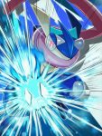  1other bright_pupils commentary_request digitigrade emphasis_lines furry greninja looking_at_viewer nostrils pokemon pokemon_(creature) pokemon_focus pokemon_move red_eyes runachikku solo twitter_username white_pupils 