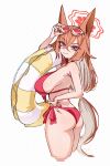  1girl absurdres animal_ears ass bikini blue_archive breasts closed_mouth colored_inner_hair commentary_request crossed_bangs dotted_background eyewear_on_head fox_ears fox_girl halo highres hoot_hoot_owl large_breasts long_hair looking_at_viewer multicolored_hair official_alternate_costume purple_eyes red-tinted_eyewear red_bikini red_halo rumi_(blue_archive) rumi_(swimsuit)_(blue_archive) side-tie_bikini_bottom simple_background smile solo sunglasses swim_ring swimsuit thighs tinted_eyewear white_background 