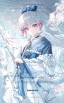  1girl absurdres blue_bow blue_eyes blue_kimono blue_sash blunt_tresses bow branch charcy-tea choker commission cowboy_shot flower_knot folded_fan folding_fan frilled_choker frills genshin_impact hair_bow hand_fan haori highres holding holding_fan holding_umbrella japanese_clothes kamisato_ayaka kimono long_hair long_sleeves looking_at_viewer mihuashi_commission mole mole_under_eye obi parasol parted_lips ponytail sash shirt skirt snow solo umbrella very_long_hair watermark white_haori white_shirt white_skirt white_umbrella wide_sleeves 
