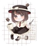  1girl black_hat black_shoes black_skirt blush bow brown_eyes coffee coffee_beans collared_shirt commentary_request frilled_sleeves frills full_body grid_background hat hat_bow medium_hair necktie red_necktie rurumika-nyann shirt shoes short_sleeves signature skirt smile socks solo spoon touhou usami_renko watermark white_background white_bow white_shirt white_socks 