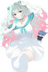  1girl absurdres aqua_eyes aqua_hair between_fingers breasts card card_between_fingers character_doll chest_jewel cleavage closed_mouth crysta_(duel_masters) doll dress duel_masters duel_masters_lost elbow_gloves gem_hair_ornament gloves highres holding holding_card kirifuda_win large_breasts long_hair looking_at_viewer multicolored_hair off-shoulder_dress off_shoulder osakanakilakila pink_hair solo thighhighs white_background white_dress white_gloves white_thighhighs 