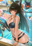  3girls absurdres animal_ears bikini black_bikini black_hair blue_skin breasts cleavage colored_skin commentary fox_ears fox_girl highres holding holding_water_gun hoshimi_miyabi innertube large_breasts multiple_girls navel pink_hair pool puppnett red_eyes sharkboo_(zenless_zone_zero) solo_focus soukaku_(zenless_zone_zero) stomach swim_ring swimsuit tailless_(zenless_zone_zero) tsukishiro_yanagi water_gun wet zenless_zone_zero 