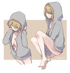  1girl breasts brown_hair commentary_request grey_jacket hair_over_one_eye heaven_burns_red hood hooded_jacket jacket kayamori_ruka kurage_(kurage19) large_breasts looking_at_viewer naked_jacket one_eye_covered red_eyes short_hair twitter_username 