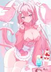  1girl absurdres animal_ear_fluff animal_ear_hairband animal_ears apron artist_name balloon blush breasts cat_ears cat_girl cat_tail cleavage commentary_request cowboy_shot fake_animal_ears fingernails food frilled_apron frilled_hairband frills fruit hair_between_eyes hair_on_tail hair_ornament hairband hairclip heart heart_balloon heart_hair_ornament heart_print highres holding holding_food holding_fruit ice_cream large_breasts leotard long_fingernails long_hair long_sleeves looking_at_viewer lows. maid nail_polish open_mouth original parallel_hairclips photo_(object) pink_eyes pink_hair pink_leotard pink_nails pink_shrug playboy_bunny raspberry ruka_(lows.) shrug_(clothing) signature simple_background solo table tail tail_raised thigh_gap thighhighs thighs very_long_hair white_apron white_background white_thighhighs 