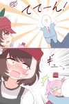  1boy 1girl animal_ears blush brown_hair commentary_request constricted_pupils hand_puppet hat highres horse_ears horse_girl hug marche_lorraine's_puppet marche_lorraine_(umamusume) newsboy_cap nose_blush open_mouth pink_eyes puppet red_hat ruts_ess shirt short_hair solo_focus surprised t-head_trainer_(umamusume) trainer_(umamusume) umamusume upper_body white_shirt 