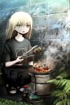  1girl @_@ absurdres black_pants black_shirt blonde_hair brick_wall commentary_request cooking cropped_shirt fern fire full_body giba_ryan golden_spiral green_eyes grill grilling highres holding holding_tongs looking_at_viewer medium_hair midriff_peek mosquito_coil no_socks open_mouth original outdoors pants sandals shichirin shirt short_sleeves smoke snail snail_shell solo soy_sauce_bottle sports_sandals squatting tongs 