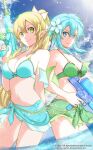  2girls bare_shoulders bikini blonde_hair blue_bikini blue_eyes blue_hair breasts cleavage commentary_request cowboy_shot elf flower green_bikini green_eyes hair_between_eyes hair_flower hair_ornament high_ponytail highres holding holding_water_gun large_breasts leafa_(sao) long_hair long_sidelocks multiple_girls navel partially_submerged pointy_ears ponytail short_hair sidelocks sinon stomach swimsuit sword_art_online very_long_hair water water_gun yamada_koutarou 