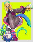 1girl @_@ absurdres ahoge animal_ears aqua_hair blue_eyes blue_hair bodysuit bodysuit_under_clothes boots border bow brown_bodysuit commentary_request crossed_bangs crossed_legs drawstring full_body green_background grey_border grin hair_bow highres hood hoodie horse_ears horse_girl horse_tail looking_at_viewer multicolored_hair multicolored_hoodie one_eye_closed orange_boots sidelocks smile solo striped_bow sukisanba tail translation_request twin_turbo_(blast_mode!_turbo_engine)_(umamusume) twin_turbo_(umamusume) twintails two-tone_hair umamusume upside-down v v_over_eye 
