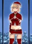  1girl absurdres arcueid_brunestud bell belt blonde_hair blue_notuki blush breasts capelet choker cleavage commentary_request detached_sleeves fur_trim grin hat highres jingle_bell large_breasts looking_at_viewer miniskirt navel red_capelet red_eyes red_hat red_shirt red_skirt red_thighhighs santa_hat shirt short_hair skirt smile solo thighhighs tsukihime 