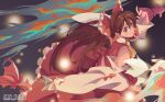  1girl absurdres ascot bow brown_eyes brown_hair c2215721819 chinese_commentary closed_mouth commentary_request dated detached_sleeves fish frilled_bow frilled_hair_tubes frilled_skirt frills goldfish hair_bow hair_tubes hakurei_reimu highres long_hair looking_at_viewer red_bow red_skirt skirt skirt_set smile solo touhou yellow_ascot 