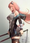  1girl animal_ear_fluff animal_ears arknights armor breastplate commentary_request earpiece gravel_(arknights) guardless_sword highres infection_monitor_(arknights) jacket mouse_girl open_clothes open_jacket partial_bodysuit pink_eyes pink_hair solo tail thighhighs torn_clothes torn_thighhighs yamamori_kinako 