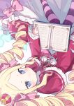  1girl beatrice_(re:zero) blonde_hair blue_eyes blush book bow butterfly-shaped_pupils capelet commentary_request crown dot_nose dress dress_bow drill_hair english_text frilled_bow frilled_dress frilled_sleeves frills from_above fur-trimmed_capelet fur_trim hair_bow highres holding holding_book knokzm long_hair looking_at_viewer mini_crown multiple_hair_bows open_book parted_bangs pink_bow pink_pupils pink_thighhighs purple_thighhighs re:zero_kara_hajimeru_isekai_seikatsu red_capelet red_dress sidelocks simple_background solo striped_clothes striped_thighhighs symbol-shaped_pupils thighhighs twin_drills white_background wide_sleeves 