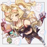  1girl bag bare_shoulders blonde_hair boots brown_eyes cookie crop_top dutch_angle eyewear_on_head feng_huo_lun_(monster_strike) food from_above heart holding holding_bag holding_food ice_cream jacket jewelry macaron midriff monster_strike navel necklace official_art one_eye_closed pantyhose sidelocks skirt soft_serve solo standing sunglasses tehepero tongue tongue_out twintails white_boots white_jacket 