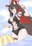  1girl absurdres animal_ear_fluff animal_ears black_hairband black_one-piece_swimsuit blue_archive breasts butadiene colored_inner_hair commentary criss-cross_straps eyeshadow fox_ears fox_girl fox_tail frilled_one-piece_swimsuit frilled_straps frills hairband halo highres makeup multicolored_hair official_alternate_hairstyle one-piece_swimsuit ponytail red_eyeshadow red_halo solo swimsuit tail wakamo_(blue_archive) wakamo_(c108_swimsuit)_(blue_archive) yellow_eyes 