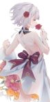  1girl absurdres alternate_costume artist_name back_bow backless_dress backless_outfit bare_shoulders bow braid chinese_commentary closed_eyes commentary_request dated dress facing_to_the_side flower from_behind genshin_impact grey_hair hair_flower hair_ornament hand_up highres holding holding_flower noelle_(genshin_impact) orange_flower orange_rose parted_lips pink_flower pink_rose red_bow red_flower red_rose rose short_hair simple_background solo swkl:d white_background white_dress 