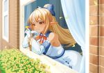  1girl absurdres bare_shoulders blonde_hair blue_bow bow breasts commentary_request dark-skinned_female dark_elf dark_skin dress elf flower gloves hair_ornament highres holding holding_flower hololive multicolored_hair orange_eyes pointy_ears rasyiiiii shiranui_flare virtual_youtuber white_dress white_gloves window 