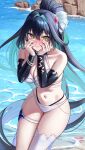  1girl aqua_hair bare_shoulders beach bikini black_hair blush breasts cleavage closed_mouth collarbone colored_inner_hair detached_sleeves embarrassed goddess_of_victory:_nikke hair_intakes hair_ornament hands_on_own_cheeks hands_on_own_face large_breasts little_mermaid_(nikke) little_mermaid_(shell_princess)_(nikke) long_hair multicolored_hair navel ocean official_alternate_costume official_alternate_hairstyle outdoors shell shell_hair_ornament single_thighhigh starfish swimsuit thigh_strap thighhighs very_long_hair water white_bikini white_thighhighs yellow_eyes yorugami_rei 
