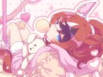  1girl animal_ears blowing_bubble_gum blue_eyes breasts brown_hair bubble_gum_fellow_(umamusume) chewing_gum ear_covers hair_between_eyes heart highres hood hood_down hooded_sweater horse_ears horse_girl horse_tail long_hair long_sleeves loose_socks lying on_back pillow pink_sweater ponytail shorts single_ear_cover socks solo star_(symbol) stuffed_animal stuffed_rabbit stuffed_toy suzumecha_(yuzensuzu) sweater tail umamusume white_hair white_shorts white_socks 