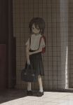  1girl absurdres backpack bag bag_charm black_eyes black_hair black_shoes black_skirt bracelet charm_(object) collared_shirt commentary expressionless full_body hand_on_own_arm highres holding holding_bag jewelry looking_at_viewer mani_tamlyn original pleated_skirt randoseru school_bag shadow shirt shirt_tucked_in shoes short_hair short_sleeves skirt socks solo standing tile_floor tile_wall tiles untranslatable_commentary white_shirt white_socks 