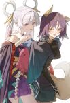  2girls absurdres animal_ears blue_eyes blue_hair blue_hoodie blue_kimono blush cho_kaguya-hime! colored_inner_hair commentary fox_ears fox_girl fox_tail green_eyes hair_ornament hair_stick highres holding_another's_wrist hood hood_down hoodie japanese_clothes kimono long_hair medium_hair multicolored_eyes multicolored_hair multiple_girls open_mouth pink_eyes pink_hair purple_hair purple_kimono runami_yachiyo runami_yachiyo_(tsukuyomi) sakayori_iroha sakayori_iroha_(tsukuyomi) shide simple_background taemim tail twintails two-tone_eyes untranslatable_commentary white_background white_hair yuri 