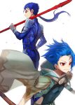  2boys absurdres aged_down aquact armor belt blue_bodysuit blue_hair bodysuit cape capelet closed_mouth cu_chulainn_(fate) cu_chulainn_(lancer)_(fate) cu_chulainn_(third_ascension)_(fate) earrings fate/grand_order fate_(series) floating_hair gae_bolg_(fate) hand_on_own_hip highres holding holding_polearm holding_weapon jewelry long_hair male_focus multiple_boys polearm ponytail red_eyes setanta_(fate) shoulder_armor simple_background skin_tight smile spear spiked_hair toned toned_male weapon white_background 