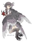  1girl animal_ears animal_feet animal_hands artist_name bang_dream! bang_dream!_it's_mygo!!!!! bird_ears bird_legs bird_tail bird_wings blood blood_on_hand brown_eyes claws commentary digitigrade feathered_wings feathers food grey_hair grey_wings guagua977 half-harpy holding holding_food looking_back meat medium_hair monster_girl raw_meat signature simple_background solo tail takamatsu_tomori talons untranslatable_commentary white_background wings 