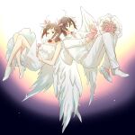  1boy 1girl ahoge amagase_touma amami_haruka angel angel_wings bouquet bow brown_hair closed_mouth collared_shirt commentary_request dress feathered_wings flower green_eyes hair_bow highres holding holding_bouquet idolmaster idolmaster_(classic) idolmaster_side-m light_smile looking_at_viewer mintpmintp no_socks pants pink_bow pink_flower pink_rose rose shirt shoes short_hair white_dress white_pants white_shirt white_shoes white_wings wings 