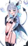  1girl absurdres bikini black_bikini black_bridal_gauntlets black_shrug black_thighhighs blue_eyes blue_hair blunt_bangs bridal_gauntlets bu_leike collar colored_inner_hair commentary_request demon_girl demon_horns demon_tail demon_wings ear_piercing facial_mark flat_chest garter_straps hair_ornament hairclip halo hand_up highres horns long_hair looking_at_viewer low_wings meiyaya_(verselink) multicolored_hair navel open_mouth piercing pubic_tattoo puffy_short_sleeves puffy_sleeves red_collar short_sleeves shrug_(clothing) simple_background single_bridal_gauntlet solo spiked_collar spiked_ear_piercing spikes stomach swimsuit tail tattoo teardrop_facial_mark thighhighs two-tone_hair verselink very_long_hair virtual_youtuber white_background white_hair winged_halo wings x_hair_ornament 