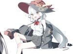  1girl black_hat black_jacket black_skirt blue_archive blush bow bowtie braid breasts collared_shirt eri_(blue_archive) halo hat highres jacket long_hair looking_at_viewer mamyu_040 open_clothes open_mouth orange_eyes pleated_skirt red_bow red_bowtie shirt simple_background sitting skirt sleeveless sleeveless_shirt sleeves_past_fingers sleeves_past_wrists solo white_background white_hair white_shirt witch_hat yellow_eyes yellow_halo 