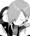  2boys androgynous bar_censor censored commentary_request earclip earrings greyscale hair_behind_ear hair_over_one_eye half-closed_eyes henyaan_(oreizm) highres jewelry male_focus monochrome multiple_boys oral original pants penis short_hair_with_long_locks simple_background small_sweatdrop sound_effects stud_earrings trap yaoi 