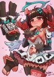  18273337992 1girl :3 black_hair black_shoes black_thighhighs bow cherry clothing_cutout commentary_request cropped_legs feet fingernails food fruit hair_bow halo looking_at_viewer multiple_views nangong_yu navel navel_cutout pink_bow pink_hair platform_shoes red_eyes shoes smile soles spread_navel stirrup_legwear thighhighs toeless_legwear toenails twintails zenless_zone_zero 