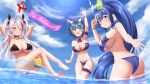  3girls :3 :d :q absurdres anniversary aqua_eyes aqua_hair armpits arms_behind_head ass azur_lane bikini black_bikini black_hair black_ribbon blush breasts cheshire_(azur_lane) cheshire_(summery_date!)_(azur_lane) cleavage cross crossed_legs eyewear_on_head fang flag_print flag_print_bikini german_flag_bikini hair_ribbon high_ponytail highres innertube iron_cross kamina_shades large_breasts long_hair manjuu_(azur_lane) mole mole_on_breast multicolored_hair multiple_girls navel new_jersey_(azur_lane) new_jersey_(midsummer_leisure)_(azur_lane) nights_viper official_alternate_costume one_eye_closed orange_eyes ponytail print_bikini prinz_eugen_(azur_lane) prinz_eugen_(unfading_smile)_(azur_lane) purple_bikini red_hair ribbon side-tie_bikini_bottom sideboob skin_fang smile stomach sunglasses swim_ring swimsuit tongue tongue_out two_side_up very_long_hair wading water waving white_hair yellow_nails 