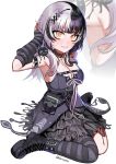  1girl arm_strap arm_up armpits black_boots black_choker black_hair black_nails black_skirt black_thighhighs blair04754 book boots breasts chest_strap choker cleavage commentary dress eighth_note english_commentary fangs highres hololive hololive_english lace-trimmed_choker lace_trim large_breasts layered_skirt long_hair looking_at_viewer multicolored_hair musical_note nail_polish on_ground parted_lips pleated_skirt pocket purple_dress ribbon shiori_novella showgirl_skirt sideboob simple_background single_thighhigh sitting skirt smile solo split-color_hair striped_clothes striped_thighhighs thighhighs two-tone_hair virtual_youtuber wariza white_background white_hair white_ribbon yellow_eyes yorick_(shiori_novella) 