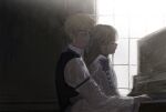  1boy 1girl backlighting black_vest blonde_hair blue_bow blue_ribbon bow closed_eyes closed_mouth commentary_request double-parted_bangs dress dress_bow dress_shirt empty_eyes frilled_sleeves frills frown furrowed_brow grey_bow hair_between_eyes hair_bow half_updo head_tilt hetero high_collar highres indoors instrument korean_commentary long_hair looking_at_viewer mabelmine on_lap original piano playing_instrument playing_piano raised_inner_eyebrows ribbon shirt short_hair sidelocks sitting sitting_on_lap sitting_on_person sunlight turning_head u_u upper_body vest waistcoat white_dress white_shirt wide-eyed window window_light yellow_eyes 